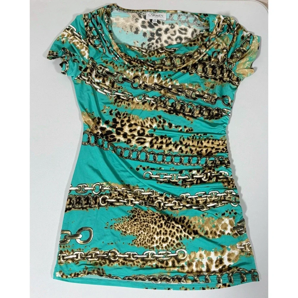 Teal Leopard Cheetah Print Gold Chainlink Ruched Shirt Top Blouse Tee Size XS 🐆✨ - Picture 2 of 5
